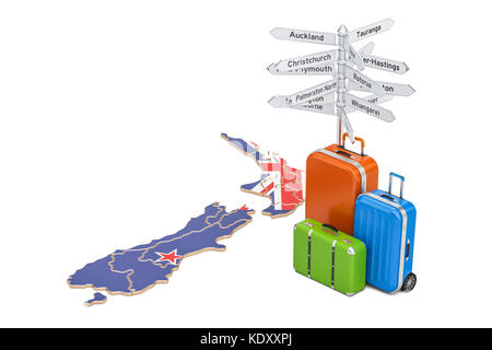 New Zealand Travel concept. Plan avec valises et signpost, rendu 3D Banque D'Images