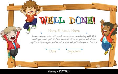 Modèle de certificat avec les enfants et le cadre en bois illustration Illustration de Vecteur