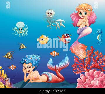 Deux magnifiques sirènes et les animaux de la mer sous l'illustration Illustration de Vecteur