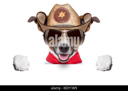 Cool chien cowboy se cacher derrière la bannière ou la plaque vierge blanc Banque D'Images