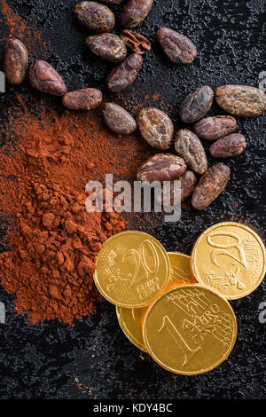 Dark poudre de cacao, les fèves de cacao et de chocolat de pièces en euros. vue d'en haut. Banque D'Images