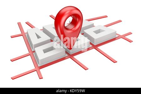 Pointeur de carte rouge sur avion de ville concept de navigation 3D render illustration isolé sur fond blanc Banque D'Images