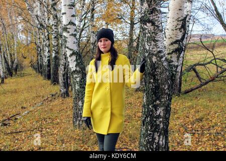 Temps d'automne : belle fille dans un manteau jaune posant contre une forêt de bouleaux d'automne. Banque D'Images