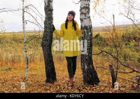 Temps d'automne : belle fille dans un manteau jaune posant contre une forêt de bouleaux d'automne. Banque D'Images