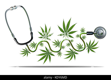 Cannabis médical et concept de médecine de marijuana comme symbole médicinal naturel comme stéthoscope de médecin avec des feuilles comme concept de rendu 3D. Banque D'Images