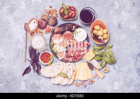 Antipasti italiens collations vin set Banque D'Images