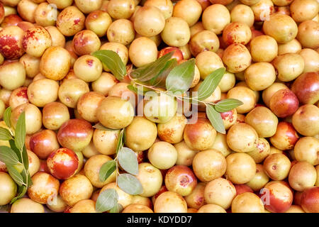 Jujubier (ziziphus jujuba) aussi appelé le chinois fruits Apple sur un marché local, selective focus. Banque D'Images