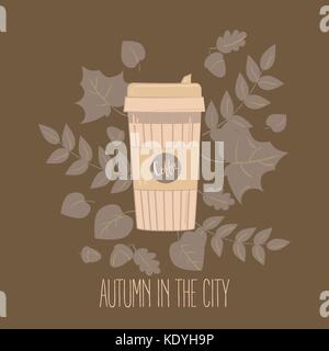 Tasse à café en papier recyclable mug. vector illustration. Coffee cup dans les feuilles d'automne. l'automne dans la ville de texte. Illustration de Vecteur