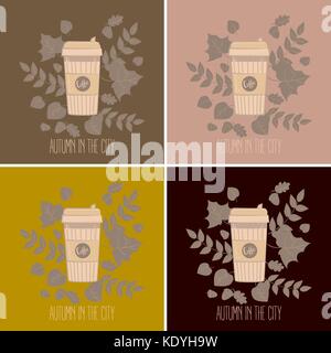 Ensemble de tasses à café en papier recyclable couleurs. mug vector illustration. Coffee cup dans les feuilles d'automne. l'automne dans la ville de texte. Illustration de Vecteur