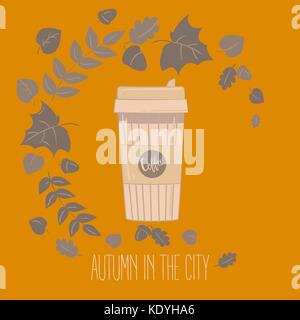 Tasse à café en papier recyclable mug. vector illustration. Coffee cup dans les feuilles d'automne. l'automne dans la ville de texte. Illustration de Vecteur