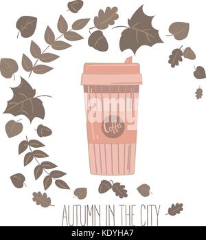 Tasse à café en papier recyclable mug. vector illustration. Coffee cup dans les feuilles d'automne. l'automne dans la ville de texte. Illustration de Vecteur