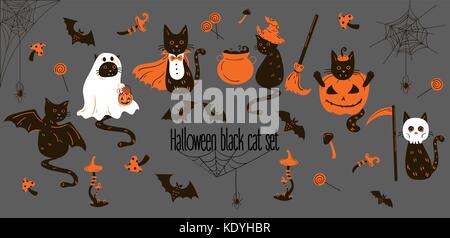 Grand jeu de chats noirs à Halloween Costumes et décor. décor d'halloween et d'objets. chat noir en costume de ghost, le port de masque, vampire, sorcière avec s ha Illustration de Vecteur