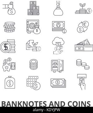 Billets et pièces, argent, euro, guilloché, banque, dollar, note, pièces de monnaie, le projet de loi. icônes de ligne de traits modifiable. vector illustration design concept symbole linéaire signes isolés. Illustration de Vecteur