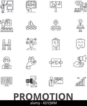 La promotion, la vente, la publicité, l'emploi, produits, marketing, promo, réduction, offre des icônes. ligne coups modifiable. vector illustration design concept symbole linéaire signes isolés. Illustration de Vecteur