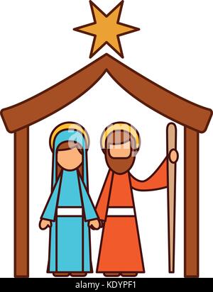 Crèche de Noël de la famille traditionnelle et scène vierge Marie saint joseph Illustration de Vecteur