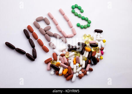 Conceptuelle écriture manuscrite légende inspiration soins médicaux concept de santé écrit avec pilules médicaments capsule VIRUS sur fond blanc isolé Banque D'Images