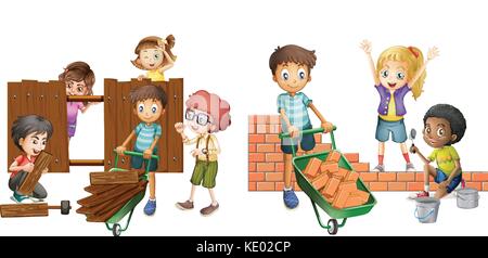 Bâtiment enfants mur de briques et de clôture en bois illustration Illustration de Vecteur