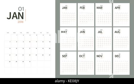 Vecteur de 2018 nouveau calendrier de l'année en un minimum de table simple style et couleur pastel ton organiques,holiday event planner,semaine commence le dimanche,le format a5. Illustration de Vecteur