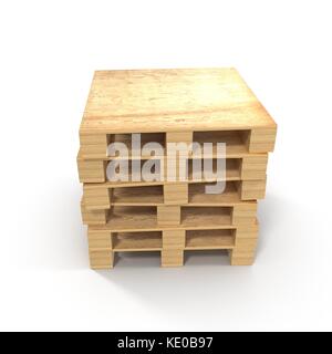 Palettes en bois empilées l'une sur l'autre isolé sur blanc. 3d illustration Banque D'Images