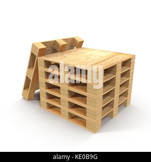 Palettes en bois empilées l'une sur l'autre isolé sur blanc. 3d illustration Banque D'Images