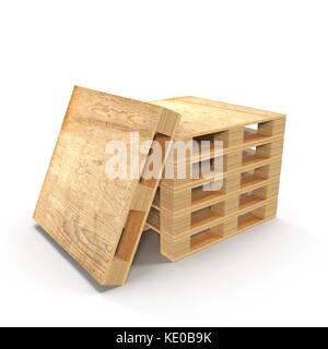 Palettes en bois empilées l'une sur l'autre isolé sur blanc. 3d illustration Banque D'Images