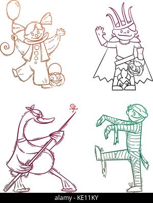 Jeu d'enfants dans des costumes pour Halloween. lich King russe ou koschey, maman, clown, goose. vector illustration Illustration de Vecteur