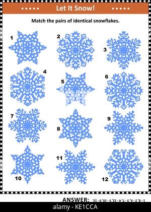 Sur le thème de l'hiver et les jours fériés : puzzle visuels correspondent aux paires de vrais flocons. réponse inclus. Illustration de Vecteur