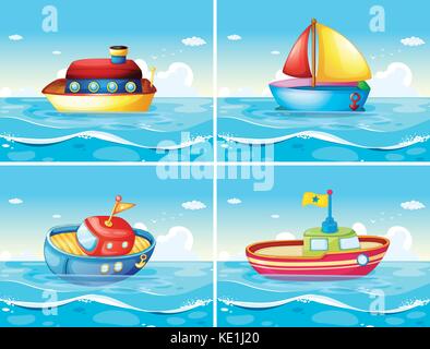 Quatre différents types de bateaux flottant sur la mer illustration Illustration de Vecteur