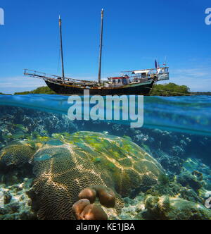 Sur et sous l'eau vue fractionnée d'un vieux bateau à voile échoué sur un récif de poissons tropicaux et de coraux sous l'eau, mer des Caraïbes Banque D'Images