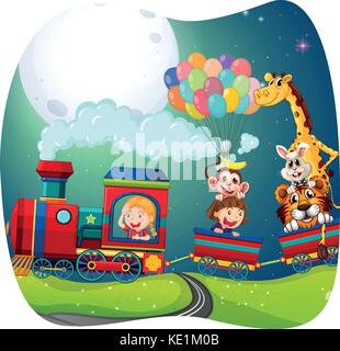 Les filles et les animaux sur le train illustration Illustration de Vecteur