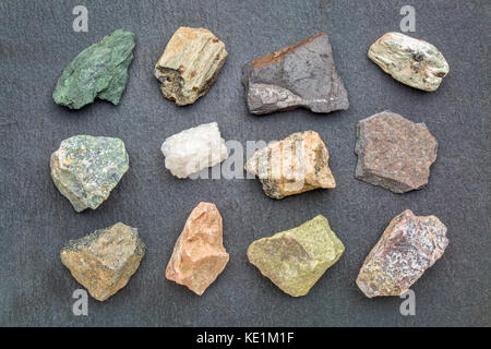 Roche métamorphique géologie collection, d'en haut à gauche : schiste à chlorite, grenat, schiste schiste graphite, micaschistes, serpentine, marbre, de gneiss, de l'ardoise Banque D'Images