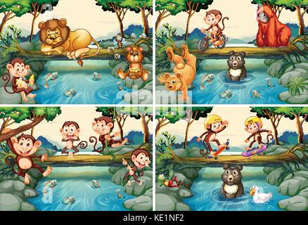 Quatre scènes avec les animaux sauvages dans la rivière illustration Illustration de Vecteur