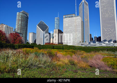 La Lurie jardins dans le Millennium Park offre un espace vert tranquille au coeur du centre-ville de Chicago. Banque D'Images