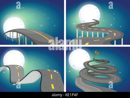 Quatre scènes de nuit des routes vides illustration Illustration de Vecteur