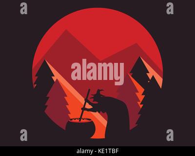 Sorcière halloween est de préparer une potion. paysage de montagne télévision. style illustration vecteur de fête. Illustration de Vecteur