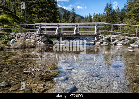 Pont en bois sentier au lac Morskie Oko, journée ensoleillée sur les montagnes Tatras, Pologne Banque D'Images