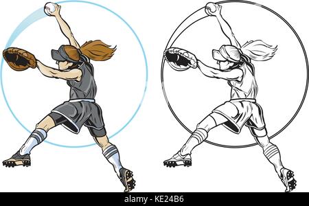 Cartoon vector clip art illustration d'une jeune fille ou une femme de race blanche d'un pitching softball à partir d'une vue de côté. Un cercle bleu streak suit la balle. dans la colo Illustration de Vecteur