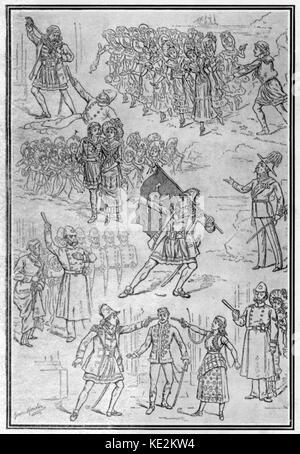 Gilbert & Sullivan 's opérette comique "Les Pirates de Penzance' - , 3 avril 1880. Gravure par Horace Morehen, montrant Frederick, Ruth, le Major-général et d'autres. Dans le Illustrated London News'. Le librettiste William S. Gilbert (1836-1911) et compositeur Arthur Sullivan (1842-1900). Banque D'Images