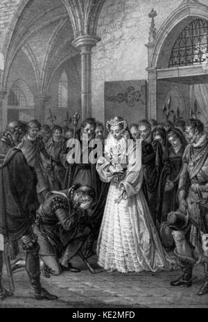 Maria Stuart (Mary Stuart, reine d'Écosse) - gravure par L. Wolf montrant Marie conduit à son exécution, avec Leicester en pleurant sur ses genoux - illustration de dramaturge allemand Friedrich Schiller's play. Du Musée national Schiller, Marbach. Schiller, 10 novembre 1759 - 9 mai 1805. Banque D'Images