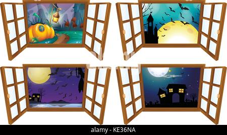 Soir de l'halloween à partir de la fenêtre illustration Illustration de Vecteur