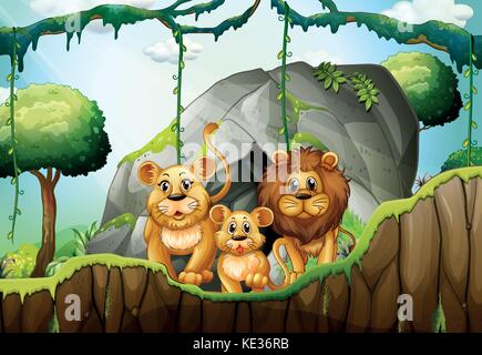 Famille de lions vivant dans la jungle illustration Illustration de Vecteur