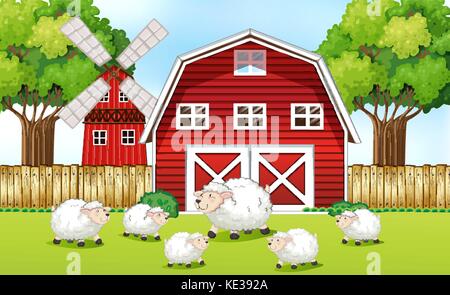 Moutons dans la ferme avec granges rouges illustration Illustration de Vecteur