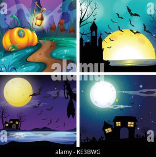 Quatre scènes de nuit avec illustration fullmoon Illustration de Vecteur