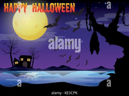 Thème de l'halloween avec lac et bateau volant illustration Illustration de Vecteur