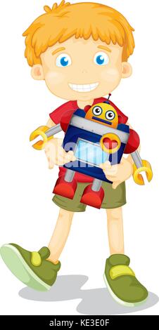 Boy holding toy robot illustration Illustration de Vecteur