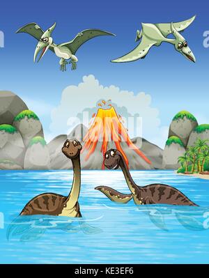 Dinosaures la baignade dans le lac illustration Illustration de Vecteur