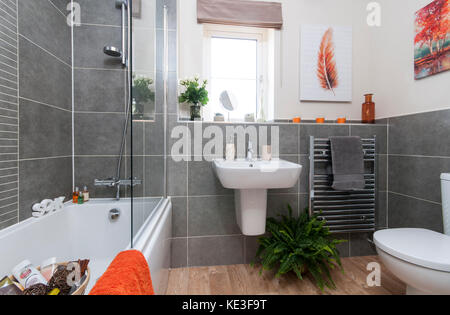 Salle de bains familiale avec des carreaux gris et d''un sèche-serviettes Banque D'Images