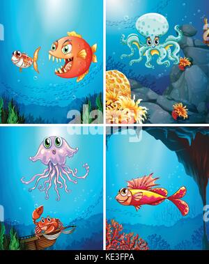 Quatre scènes animaux de mer dans la mer illustration Illustration de Vecteur