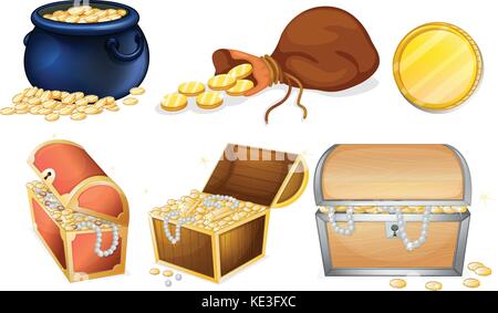 Différents coffres et pot d'or illustration Illustration de Vecteur
