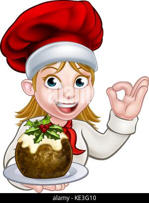 Une femme chef personnage wearing a santa hat holding comme un pudding de Noël et de faire un geste parfait Illustration de Vecteur